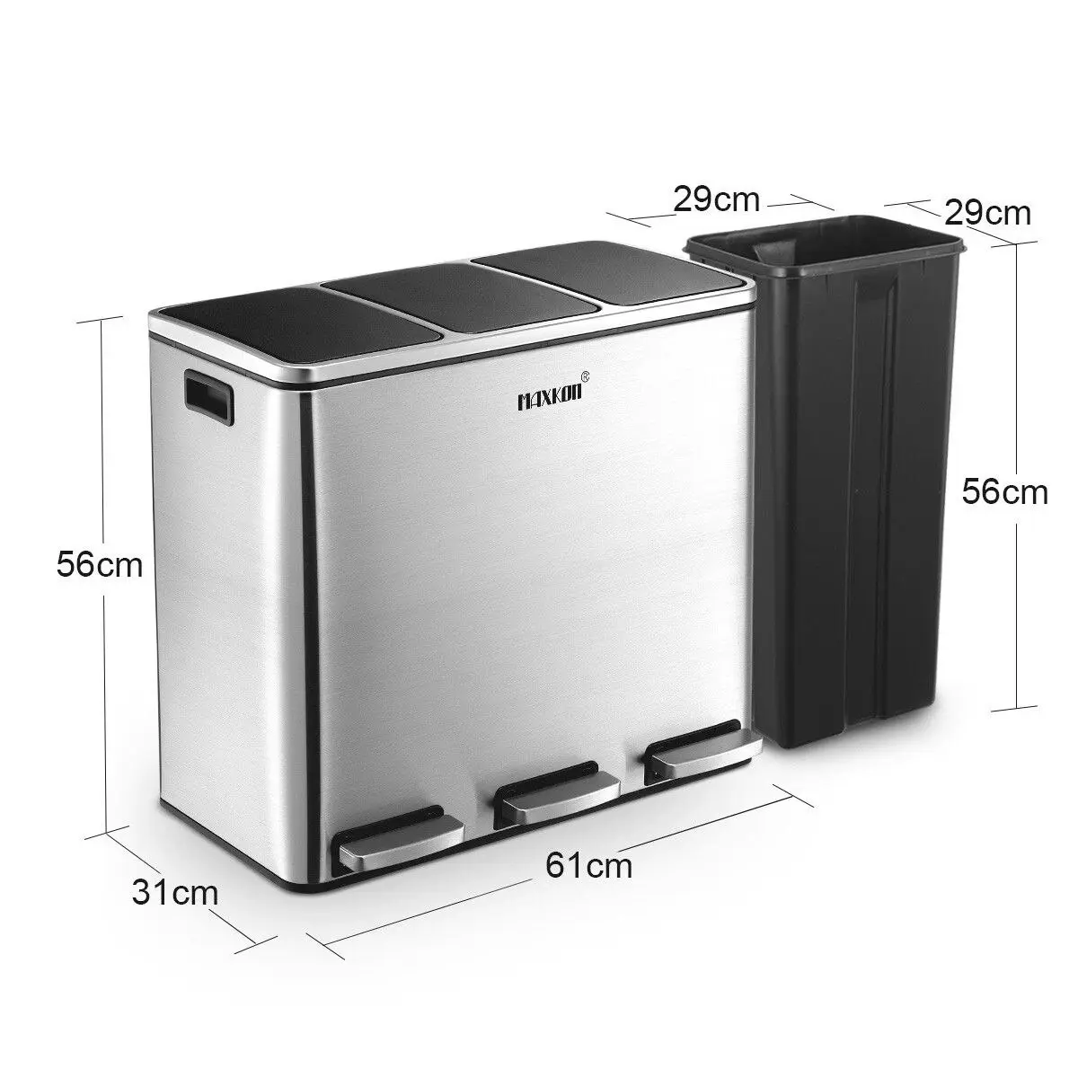 Maxkon  54L Pedal Recycling Bin Kitchen Rubbish Bin Waste Garbage Trash Bin Can with Three Compartments Silver