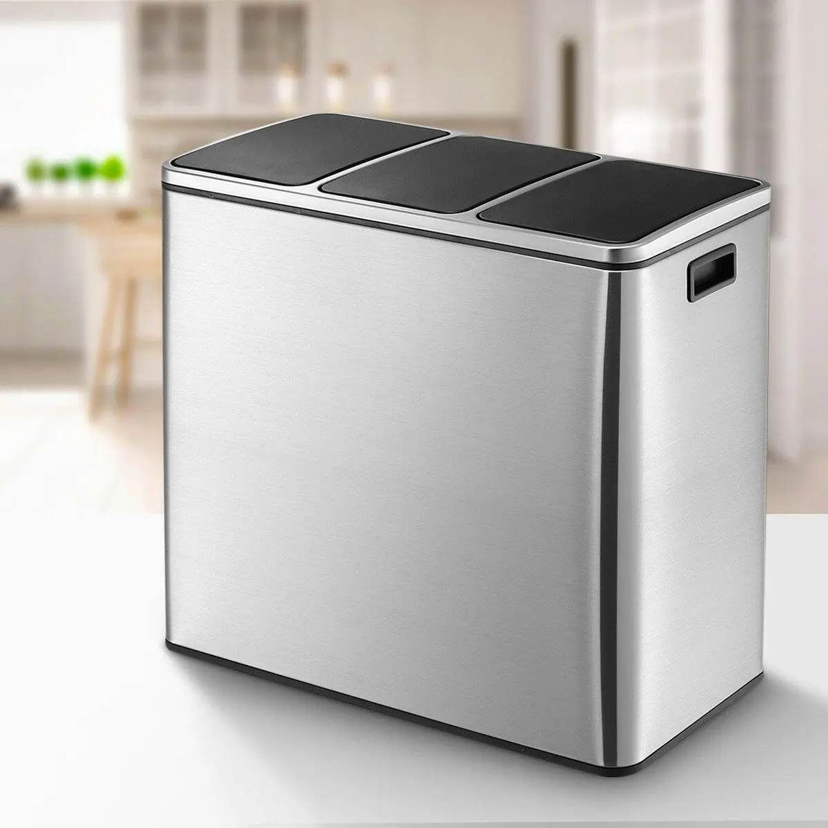 Maxkon  54L Pedal Recycling Bin Kitchen Rubbish Bin Waste Garbage Trash Bin Can with Three Compartments Silver