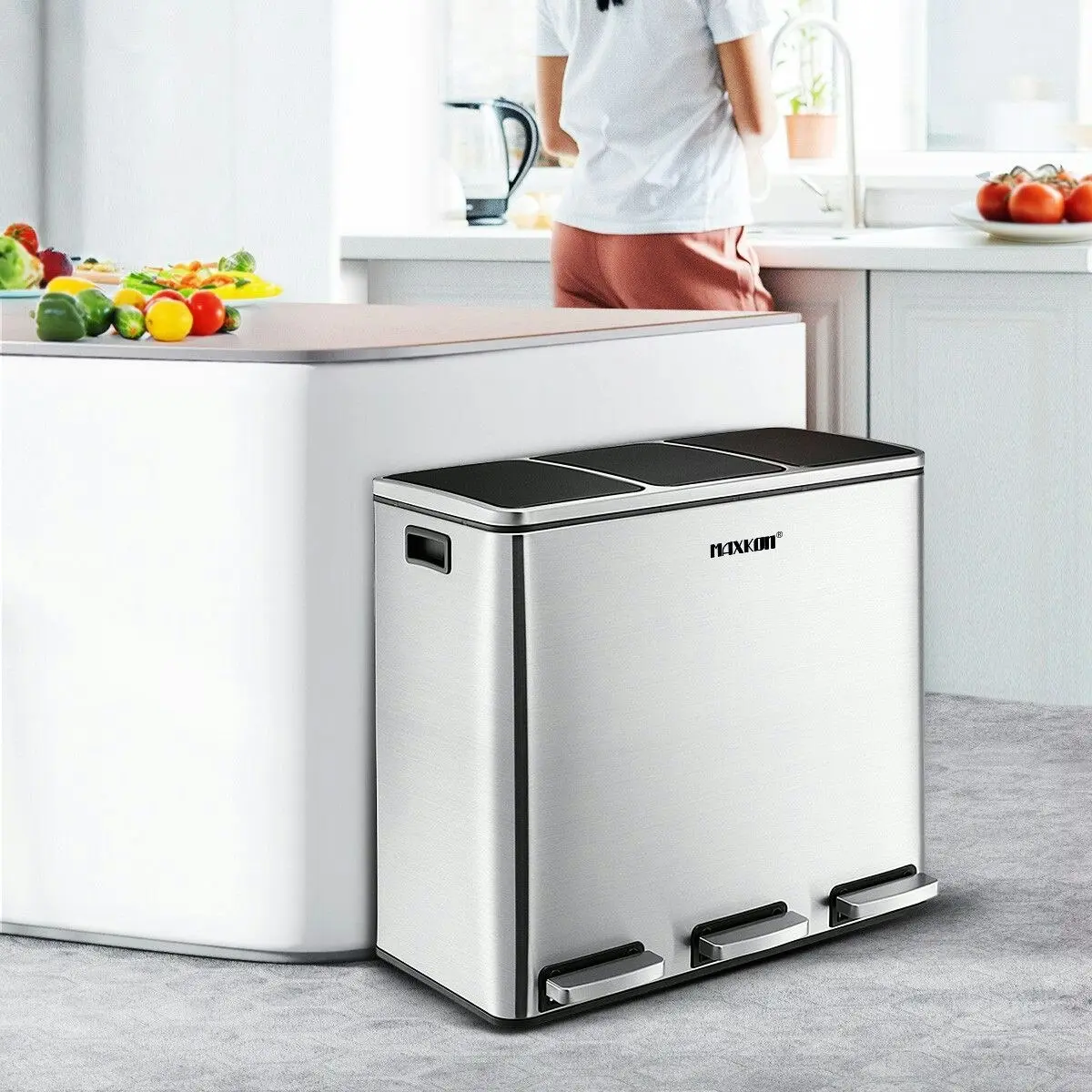 Maxkon  54L Pedal Recycling Bin Kitchen Rubbish Bin Waste Garbage Trash Bin Can with Three Compartments Silver