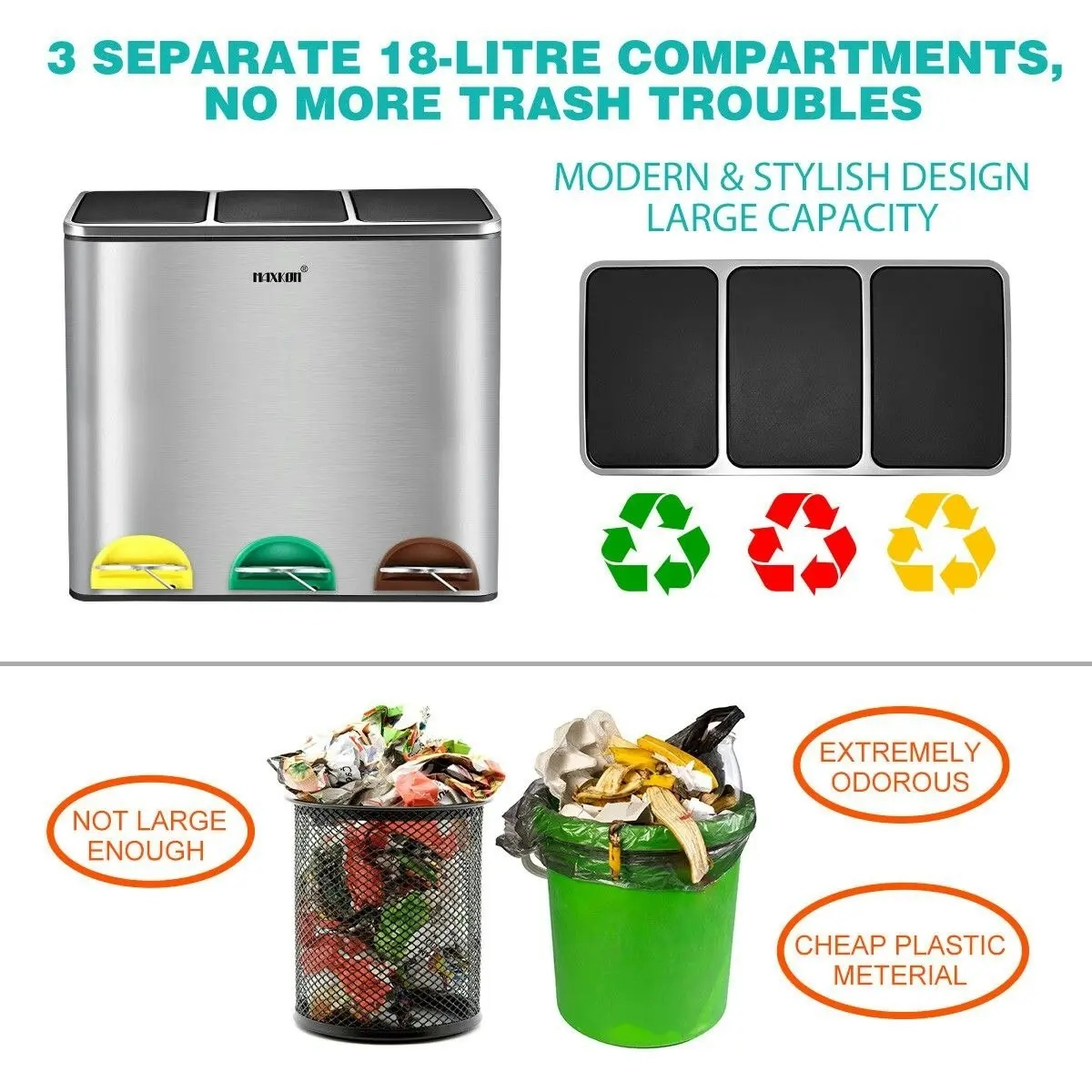 Maxkon  54L Pedal Recycling Bin Kitchen Rubbish Bin Waste Garbage Trash Bin Can with Three Compartments Silver