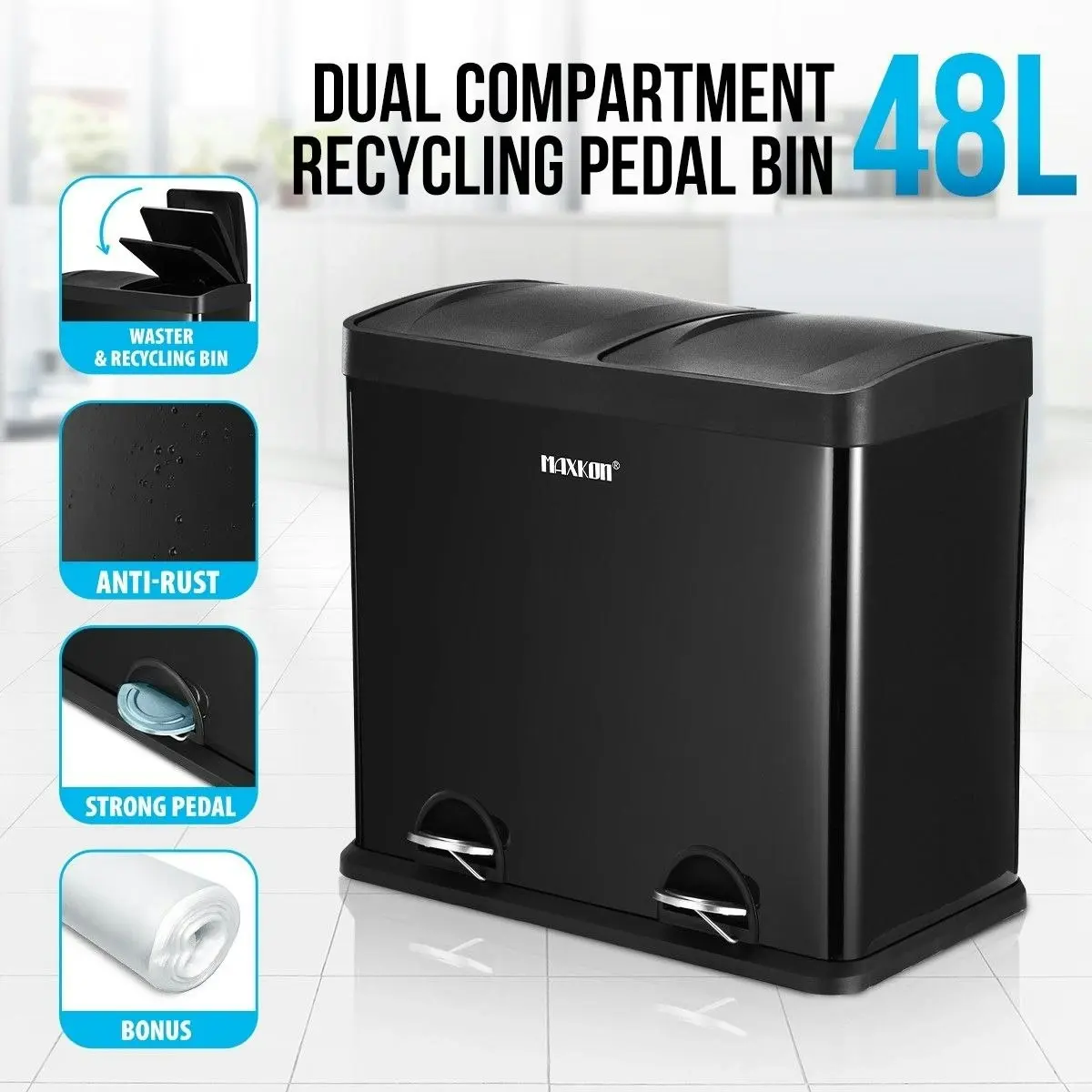 Maxkon 48L Dual Compartment Pedal Bin Kitchen Recycling Waste Bins Coated Steel Black