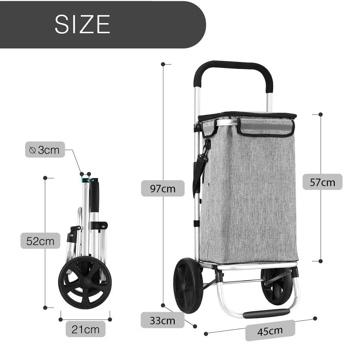 Ausway Shopping Cart Foldable Trolley Grocery Bag Waterproof Aluminium Trolley Grey