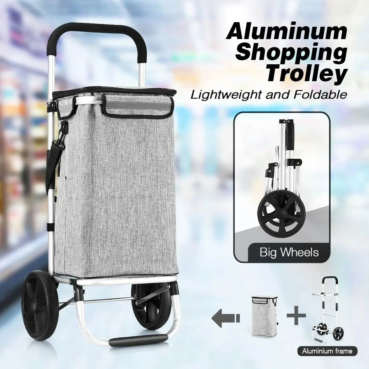 Ausway Shopping Cart Foldable Trolley Grocery Bag Waterproof Aluminium Trolley Grey