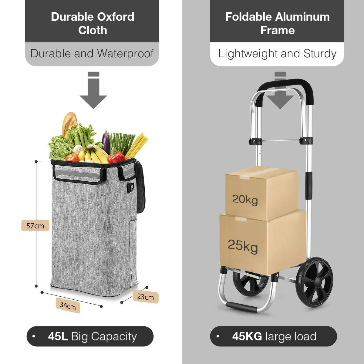 Ausway Shopping Cart Foldable Trolley Grocery Bag Waterproof Aluminium Trolley Grey