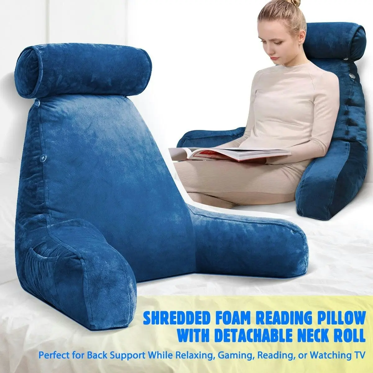 Ausway Husband Pillow Bed Reading Cushion Backrest Detachable Neck Roll Shredded Memory Foam Navy Blue