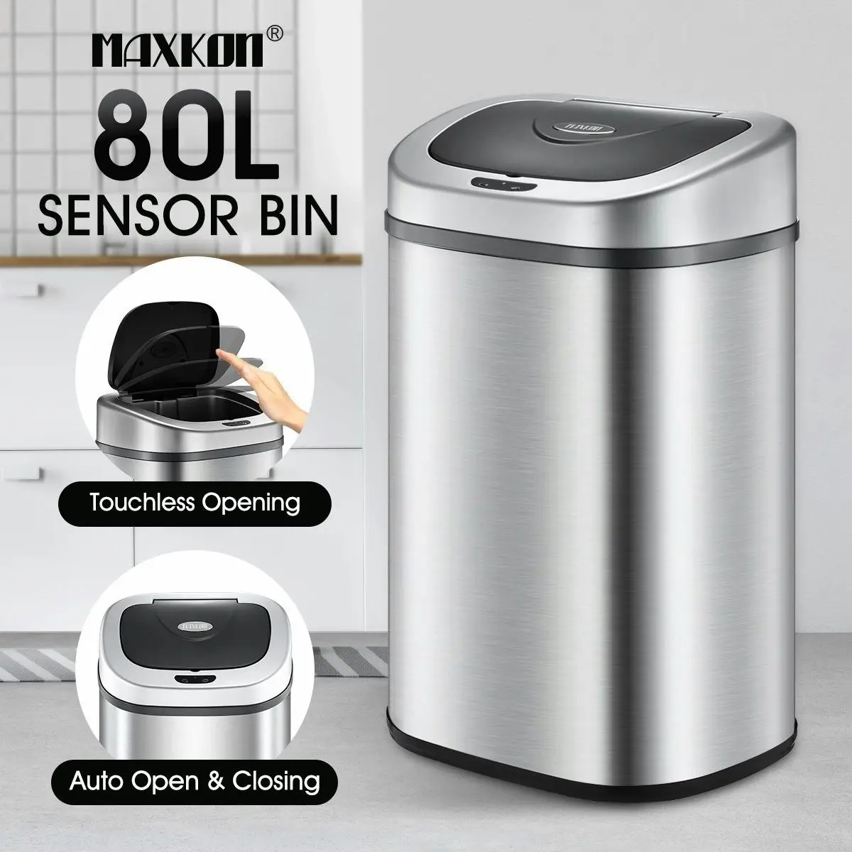 Maxkon 80L Sensor Dustbin Recycle Bin Automatic Rubbish Kitchen Waste Trash Can Stainless Steel