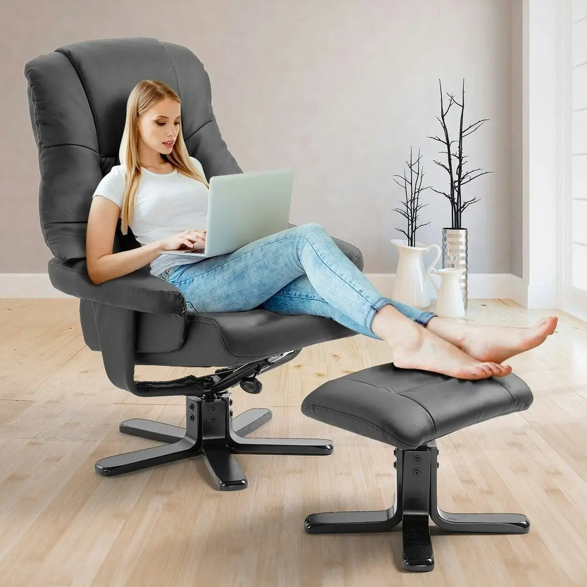 Luxdream  Home Office Recliner Chair PU Leather Armchair Lounge Sofa Couch Ottoman Footrest