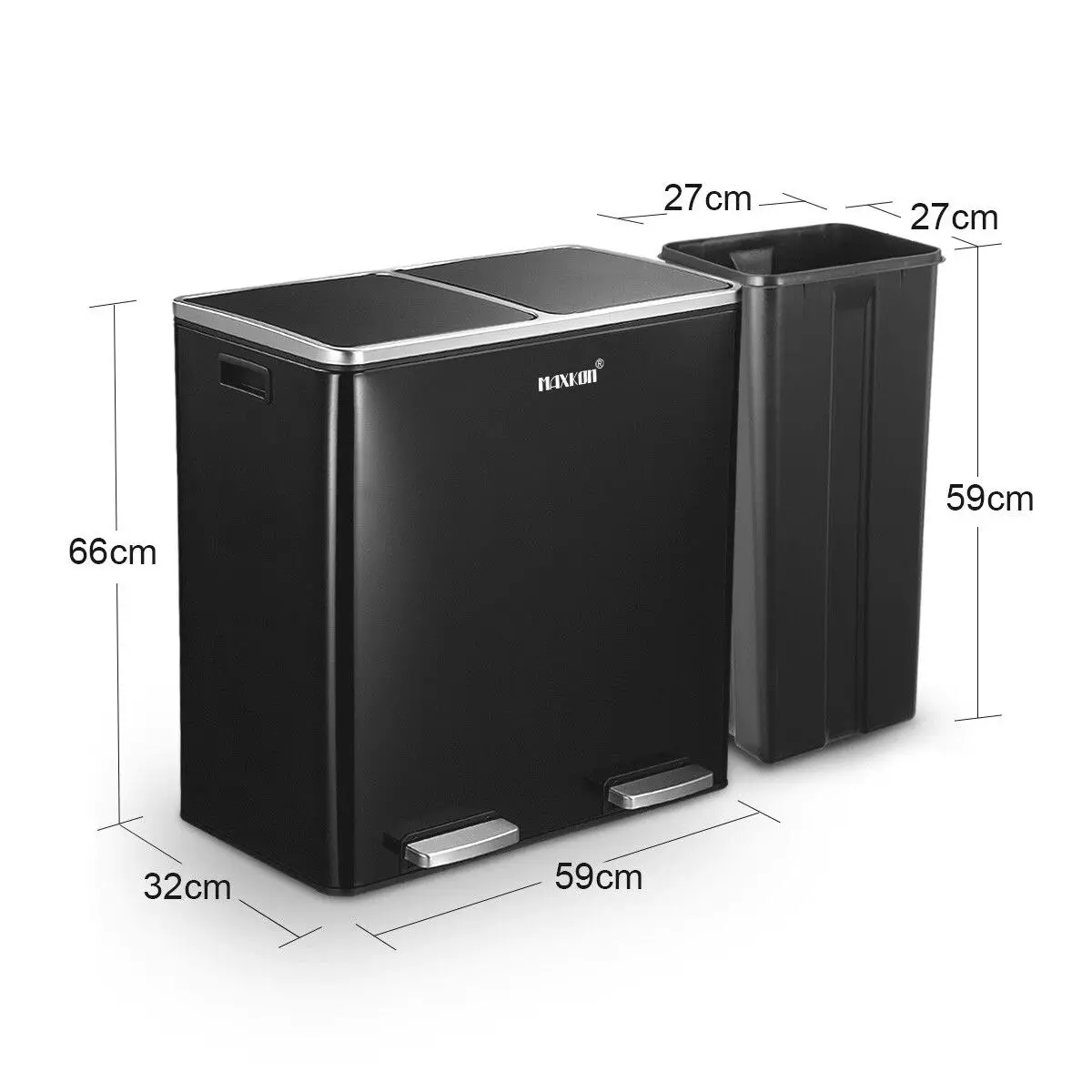 Maxkon  60L Pedal Recycling Bin Kitchen Rubbish Bin Waste Garbage Trash Bin Can with Dual Compartments Black