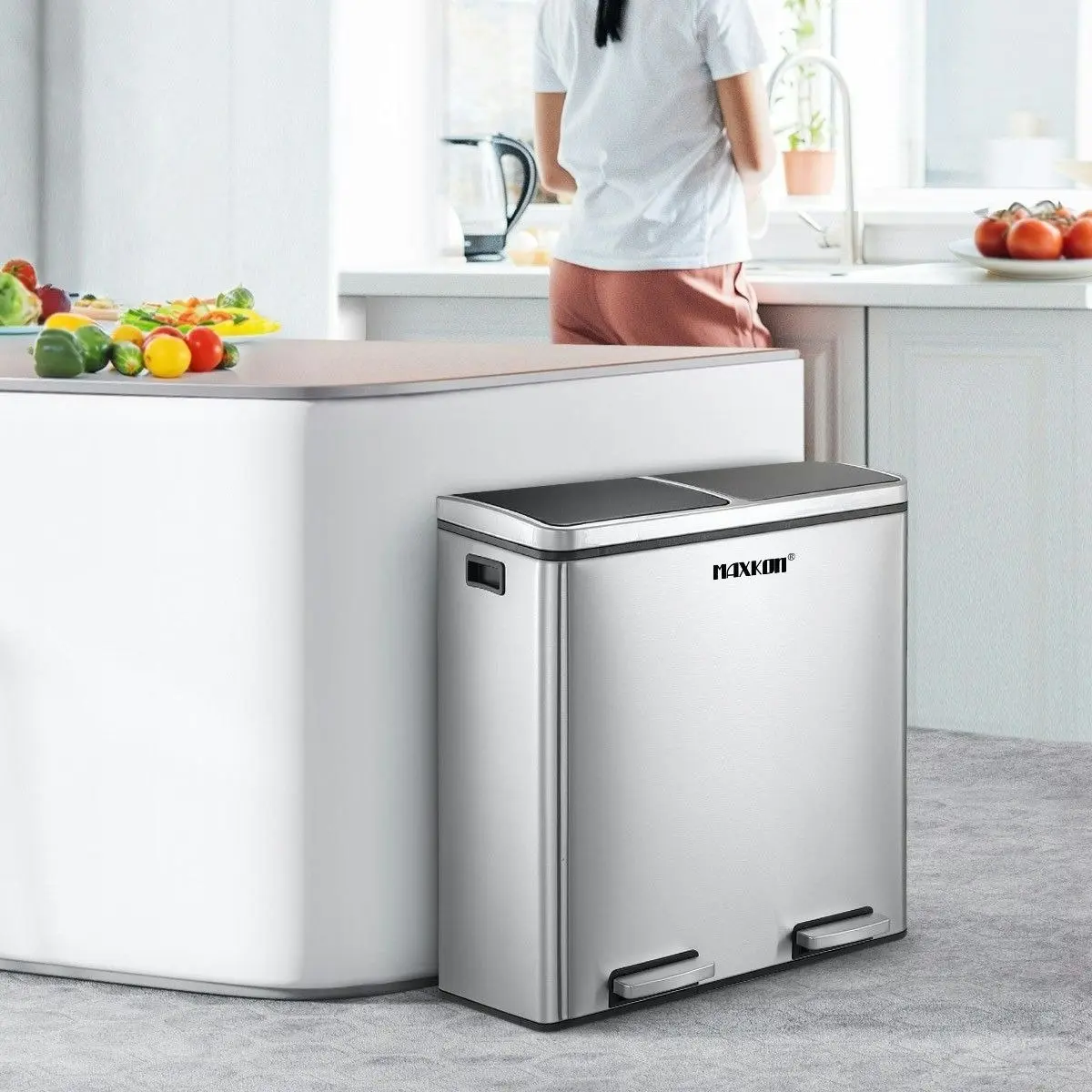 Maxkon 60L Dual Compartment Dustbin Stainless Steel Kitchen Garbage Rubbish Bin with Pedals