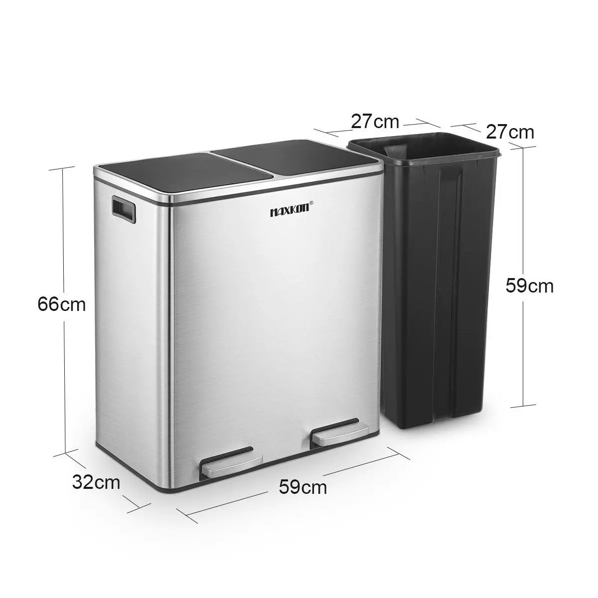 Maxkon 60L Dual Compartment Dustbin Stainless Steel Kitchen Garbage Rubbish Bin with Pedals