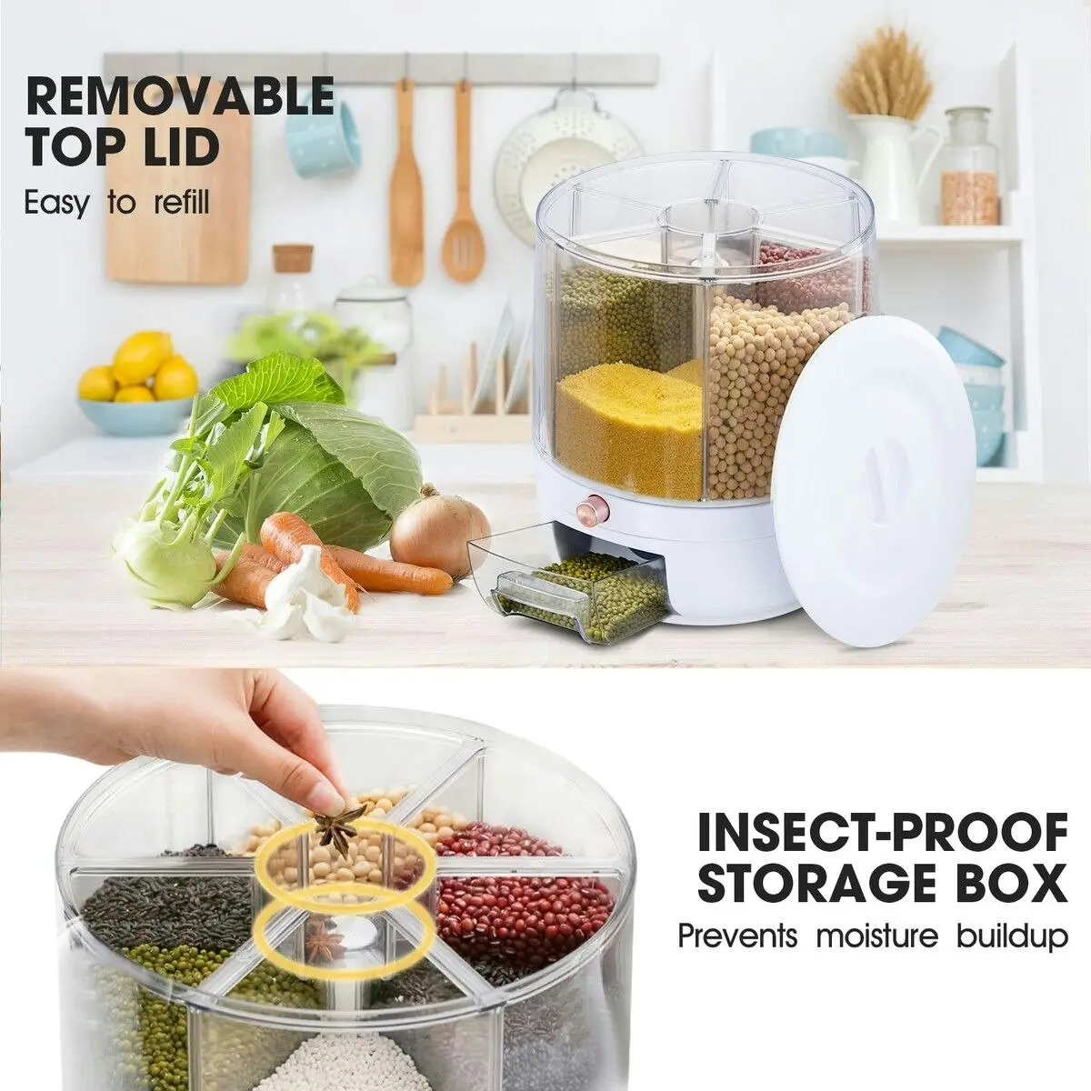 Ausway Cereal Rice Box Dispenser Rotating Dry Food Storage Container Bin Grain Flour Candy Snack 6 Grids Measuring Cup 10kg