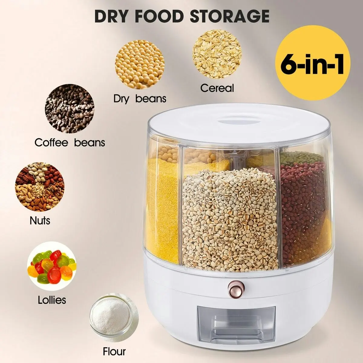 Ausway Cereal Rice Box Dispenser Rotating Dry Food Storage Container Bin Grain Flour Candy Snack 6 Grids Measuring Cup 10kg