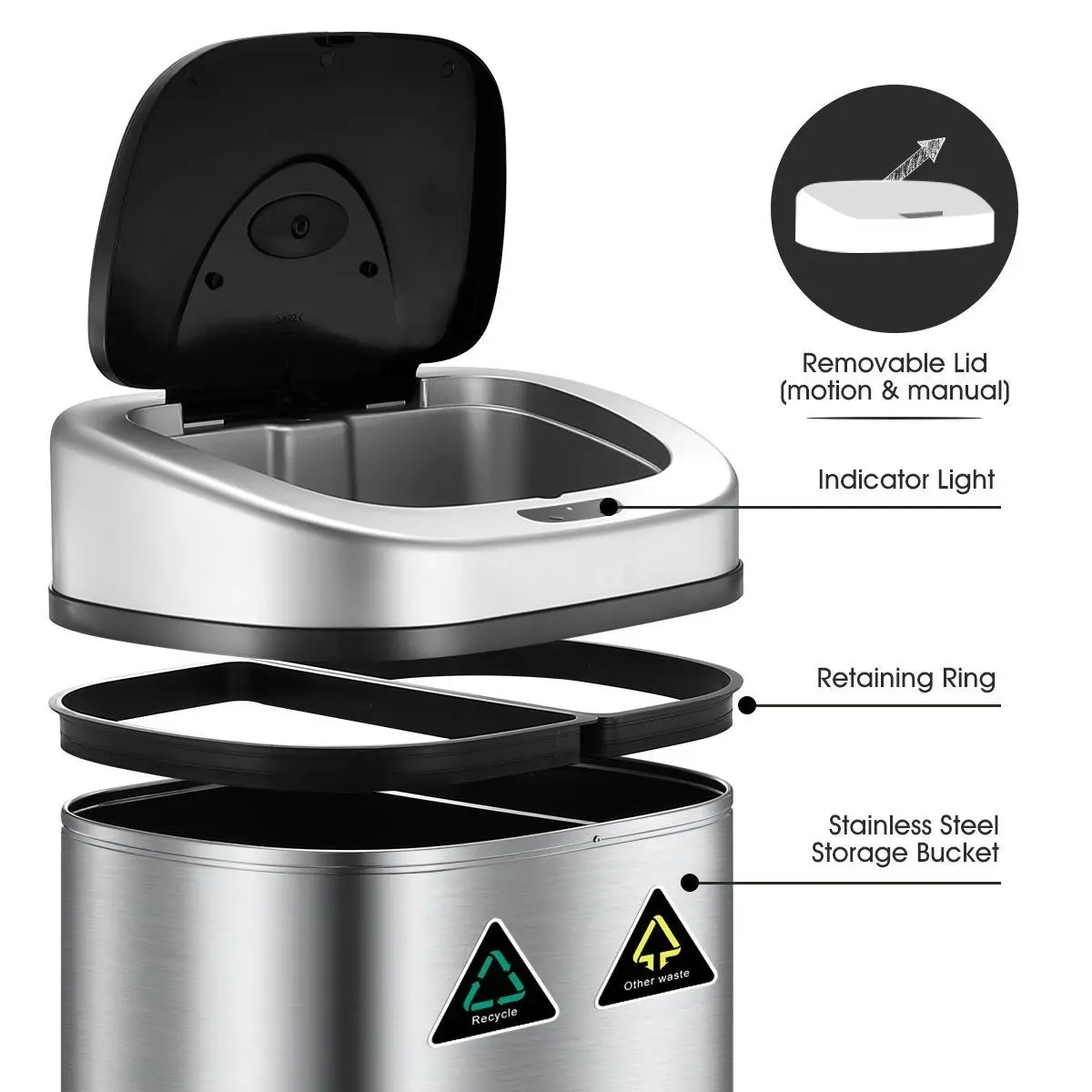 Maxkon 80L Dual Sensor Rubbish Bin Recycle Automatic Garbage Kitchen Waste Trash Can Stainless Steel