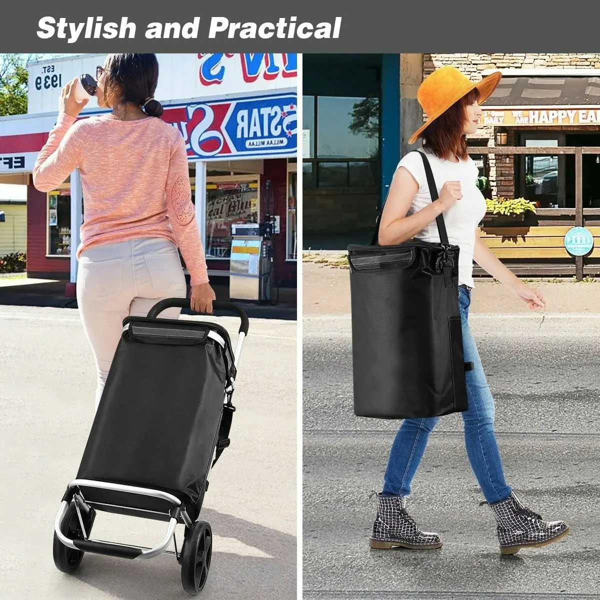 Ausway Shopping Cart Foldable Trolley Grocery Bag Waterproof Aluminium Trolley Black