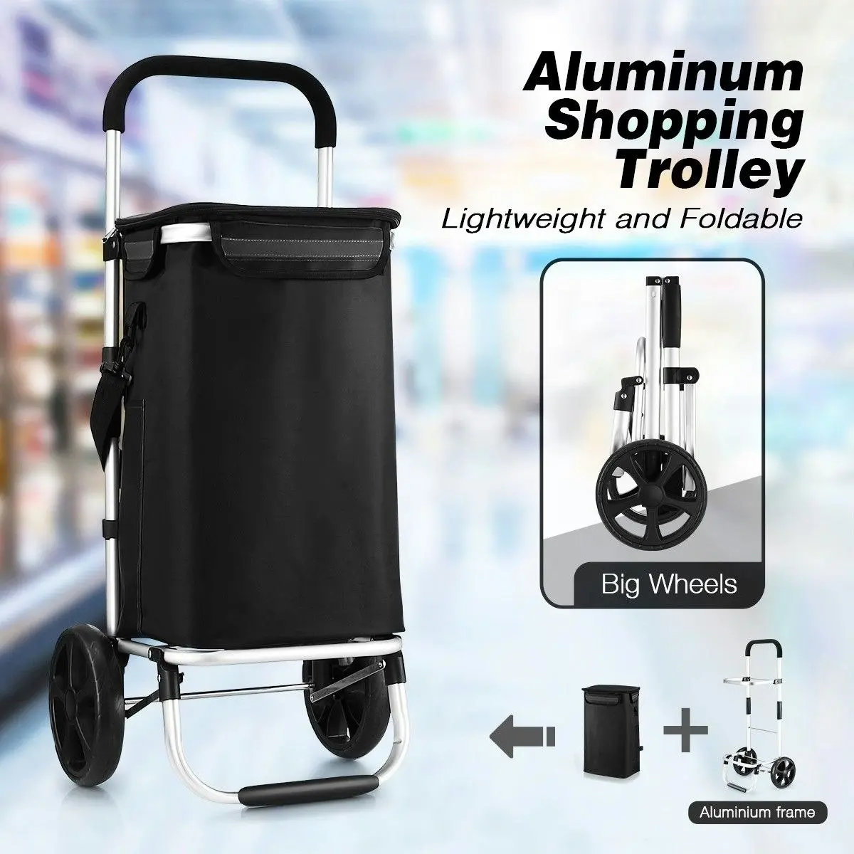 Ausway Shopping Cart Foldable Trolley Grocery Bag Waterproof Aluminium Trolley Black