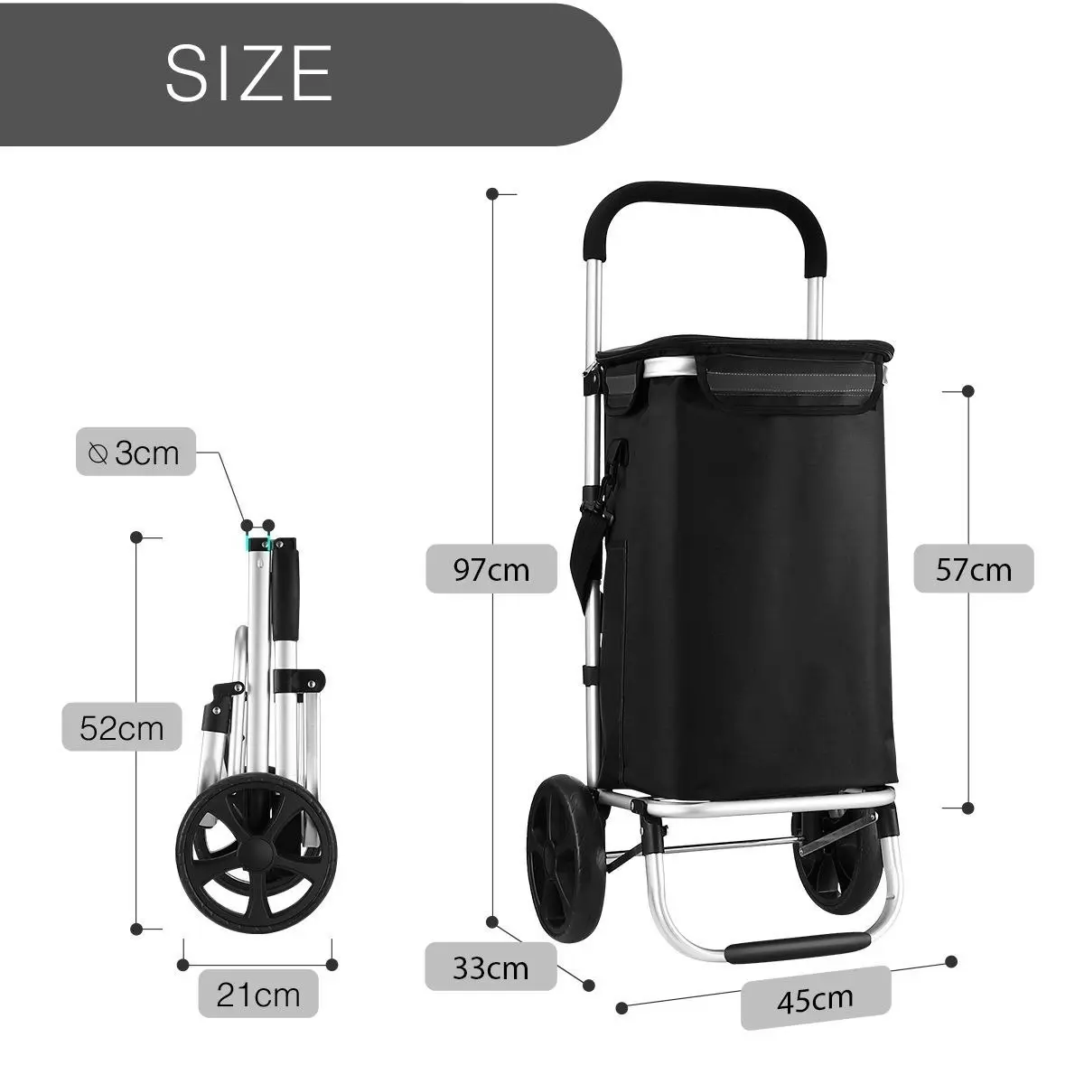 Ausway Shopping Cart Foldable Trolley Grocery Bag Waterproof Aluminium Trolley Black