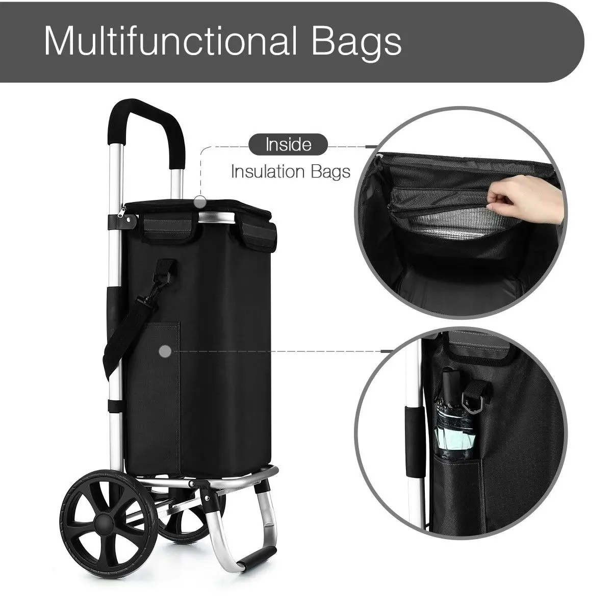 Ausway Shopping Cart Foldable Trolley Grocery Bag Waterproof Aluminium Trolley Black