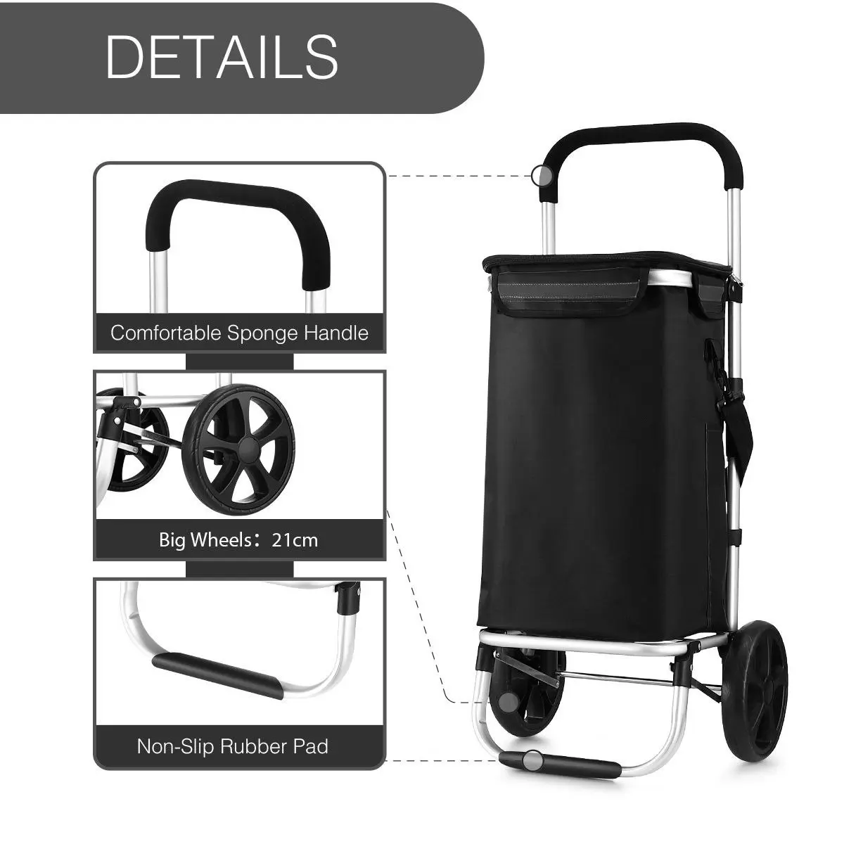 Ausway Shopping Cart Foldable Trolley Grocery Bag Waterproof Aluminium Trolley Black