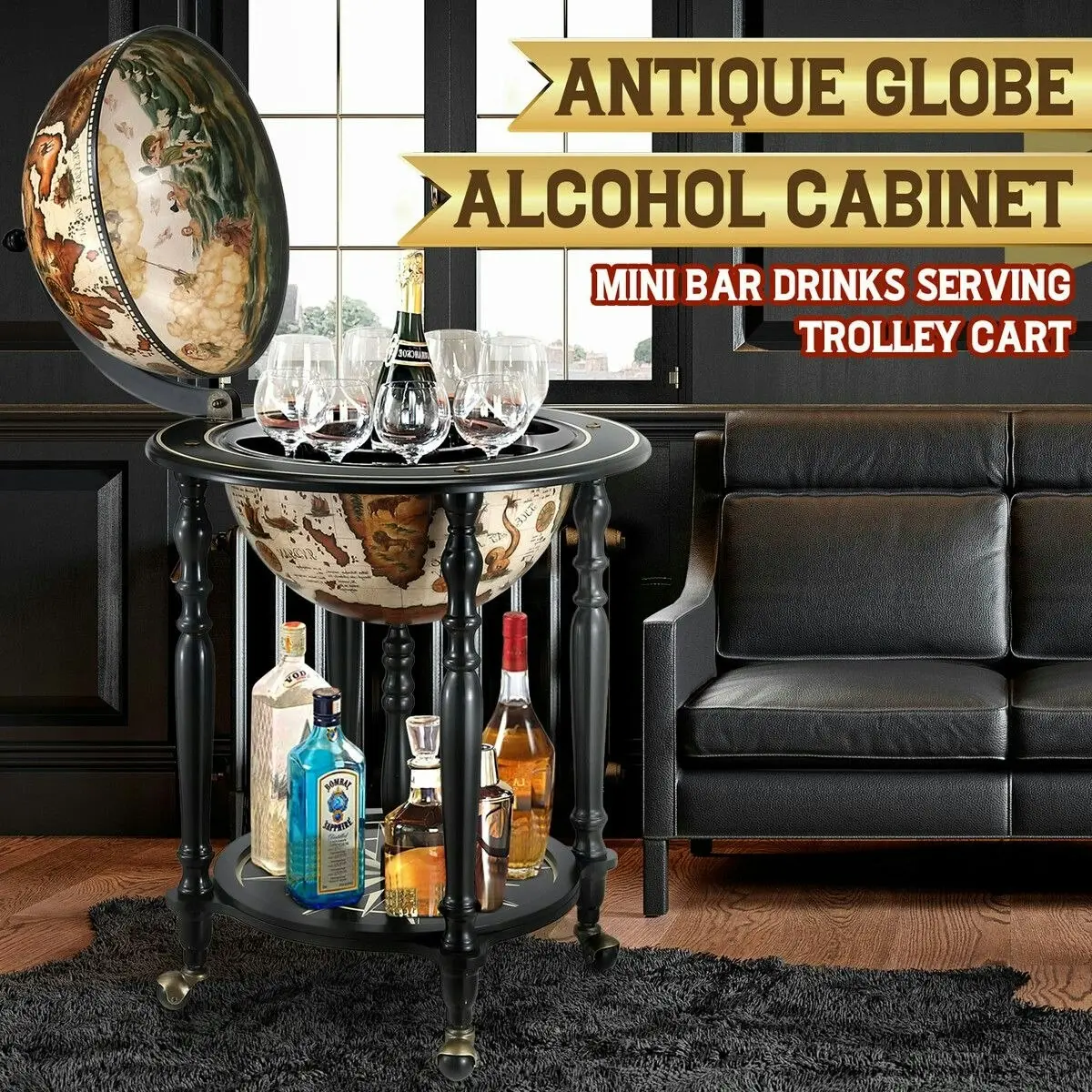 Ausway Antique Globe Alcohol Cabinet Round Mini Bar Drinks Serving Trolley Cart Wine Rack Mid-century