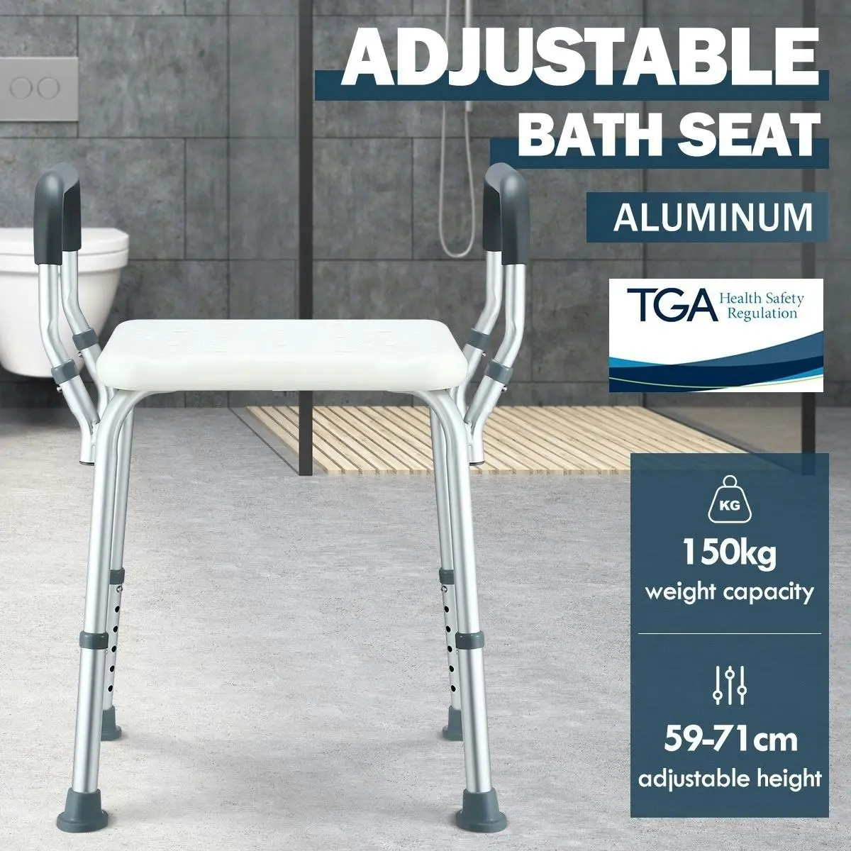 Ausway Adjustable Shower Chair Seat Bath Stool with Padded Armrests