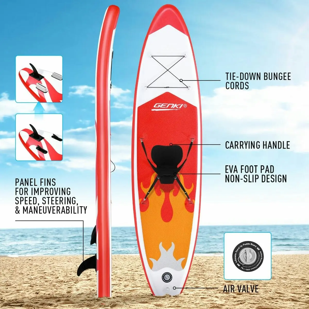 Genki SUP Kayak Inflatable Stand Up Paddle Surfing Board Blow Foam Surfboard  2 In 1 with Seat Red