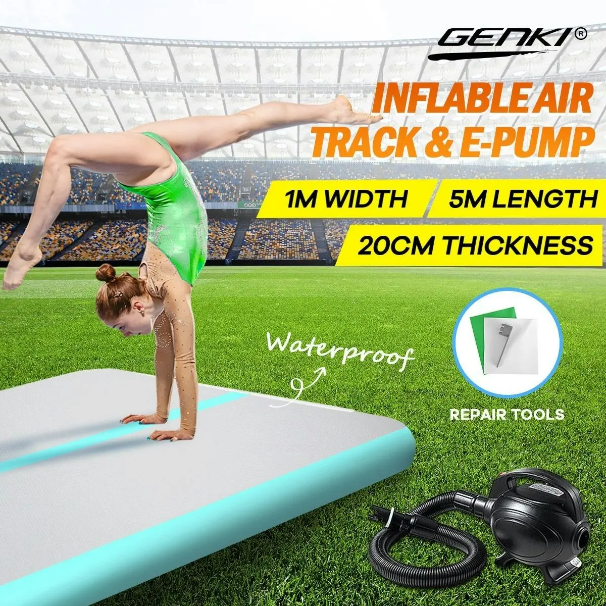 Genki Gymnastics Airtrack Exercise Air Track Mat Inflatable Gym with Electric Pump 5x1x0.2m Green