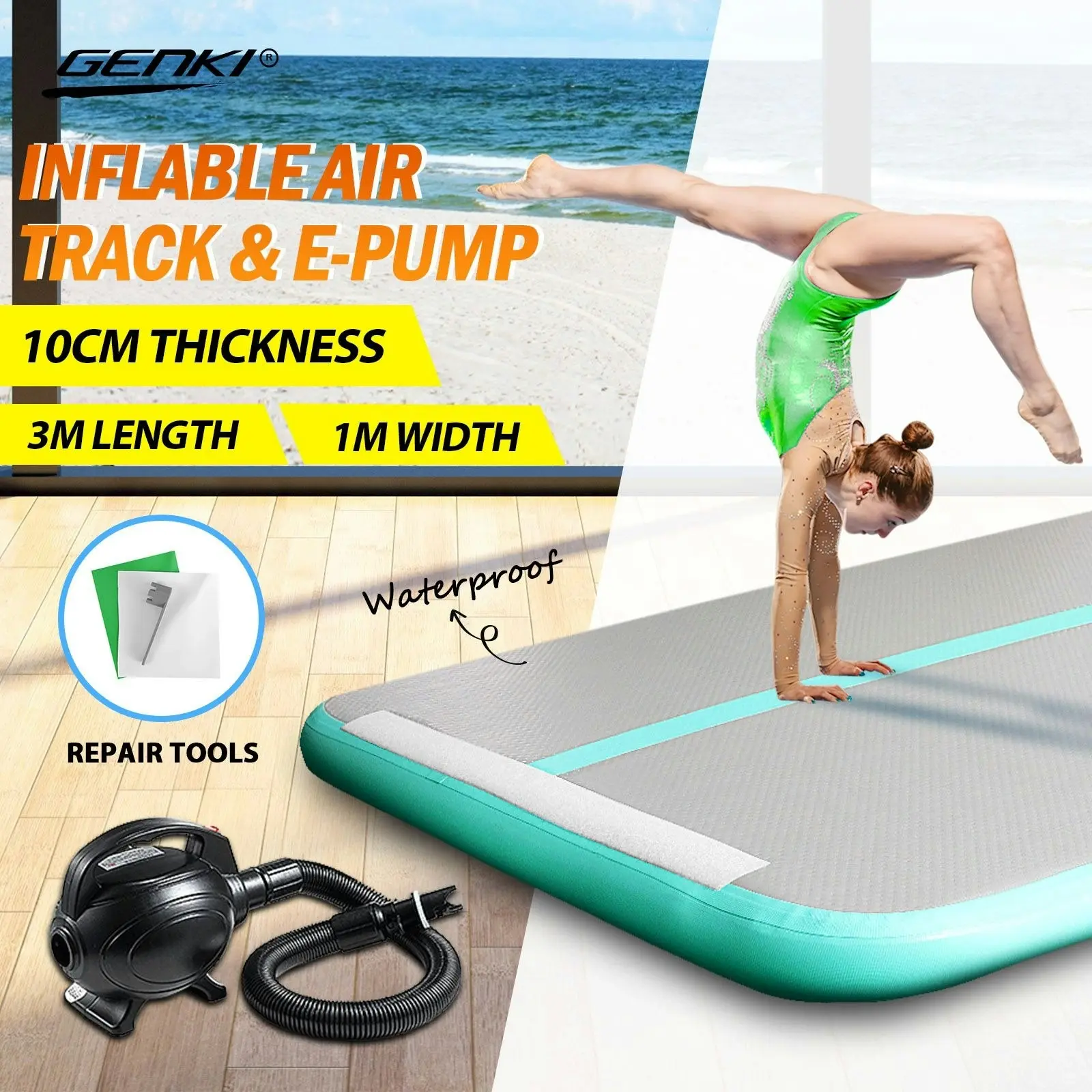 Genki Inflatable Airtrack Air Track Gymnastics Mat Tumbling with Electric Pump 3x1x0.1m Green