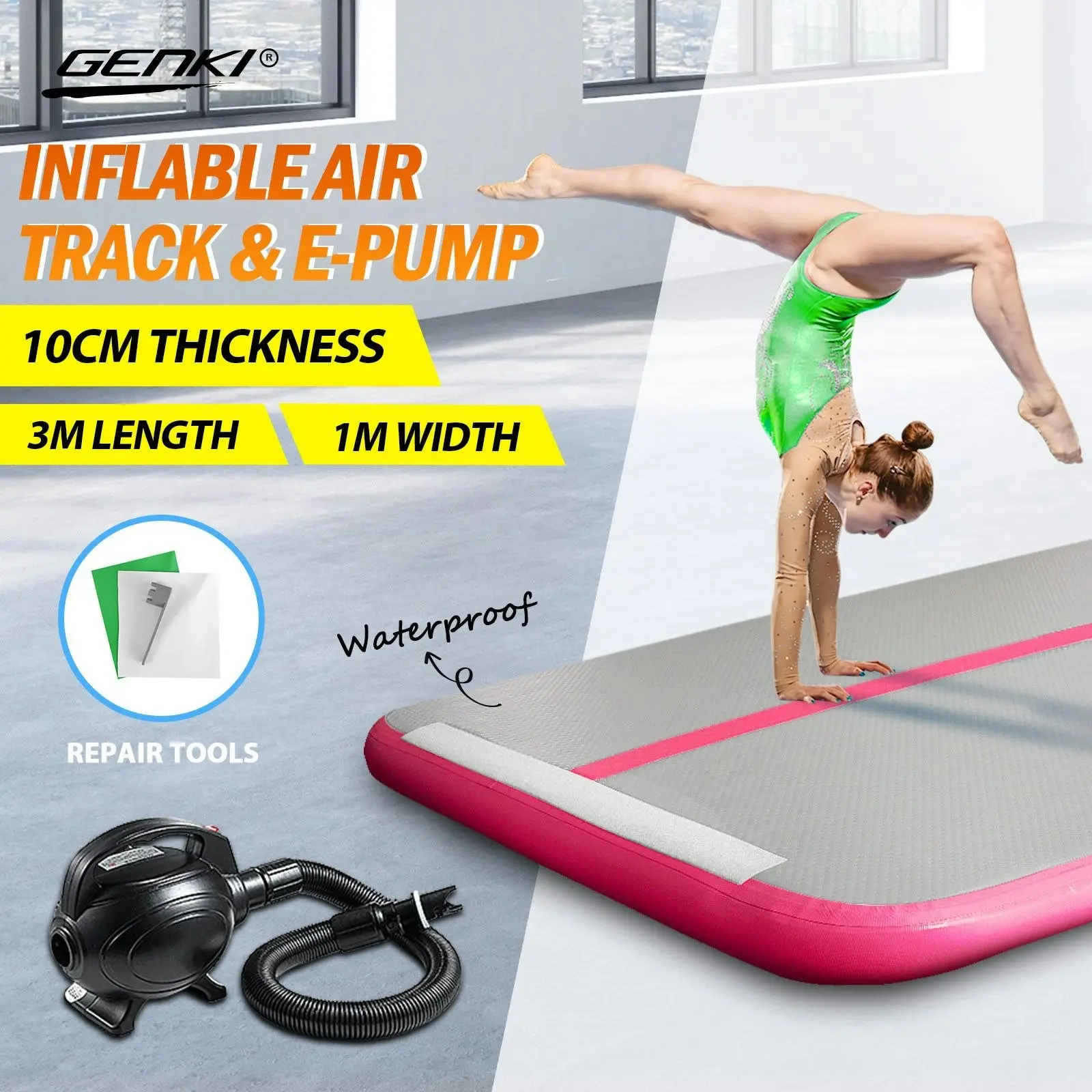 Genki AirTrack Inflatable Air Track Gymnastics Tumbling Floor Mat with Electric Pump Pink 3x1x0.1m