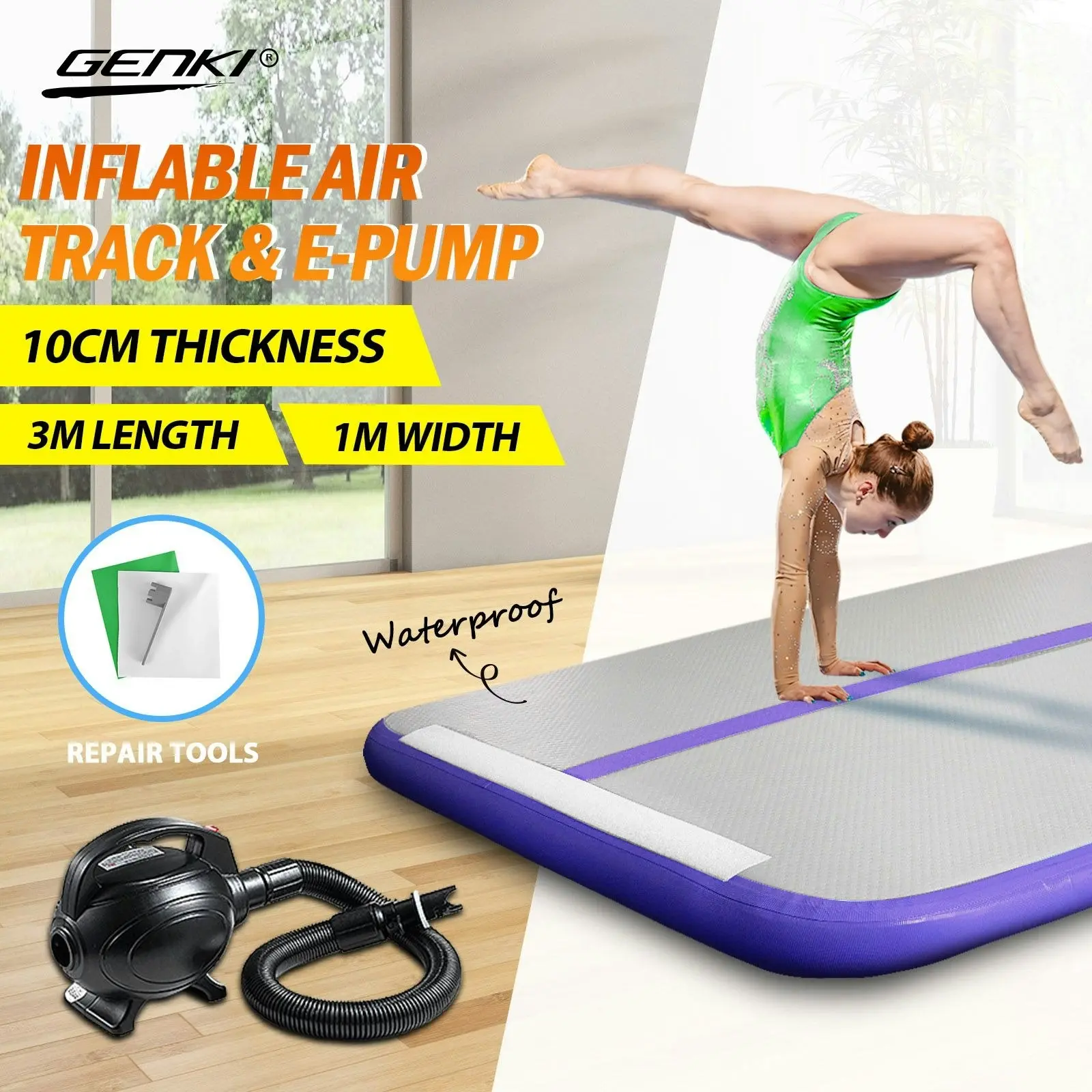 Genki Inflatable AirTrack  Air Track Gymnastics Tumbling Floor Mat with Electric Pump Purple 3x1x0.1m