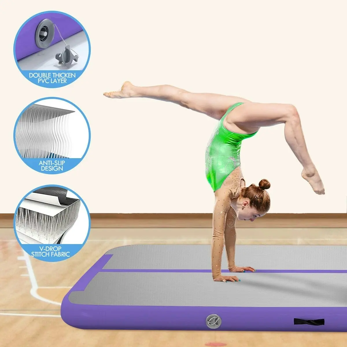 Genki Inflatable AirTrack  Air Track Gymnastics Tumbling Floor Mat with Electric Pump Purple 3x1x0.1m