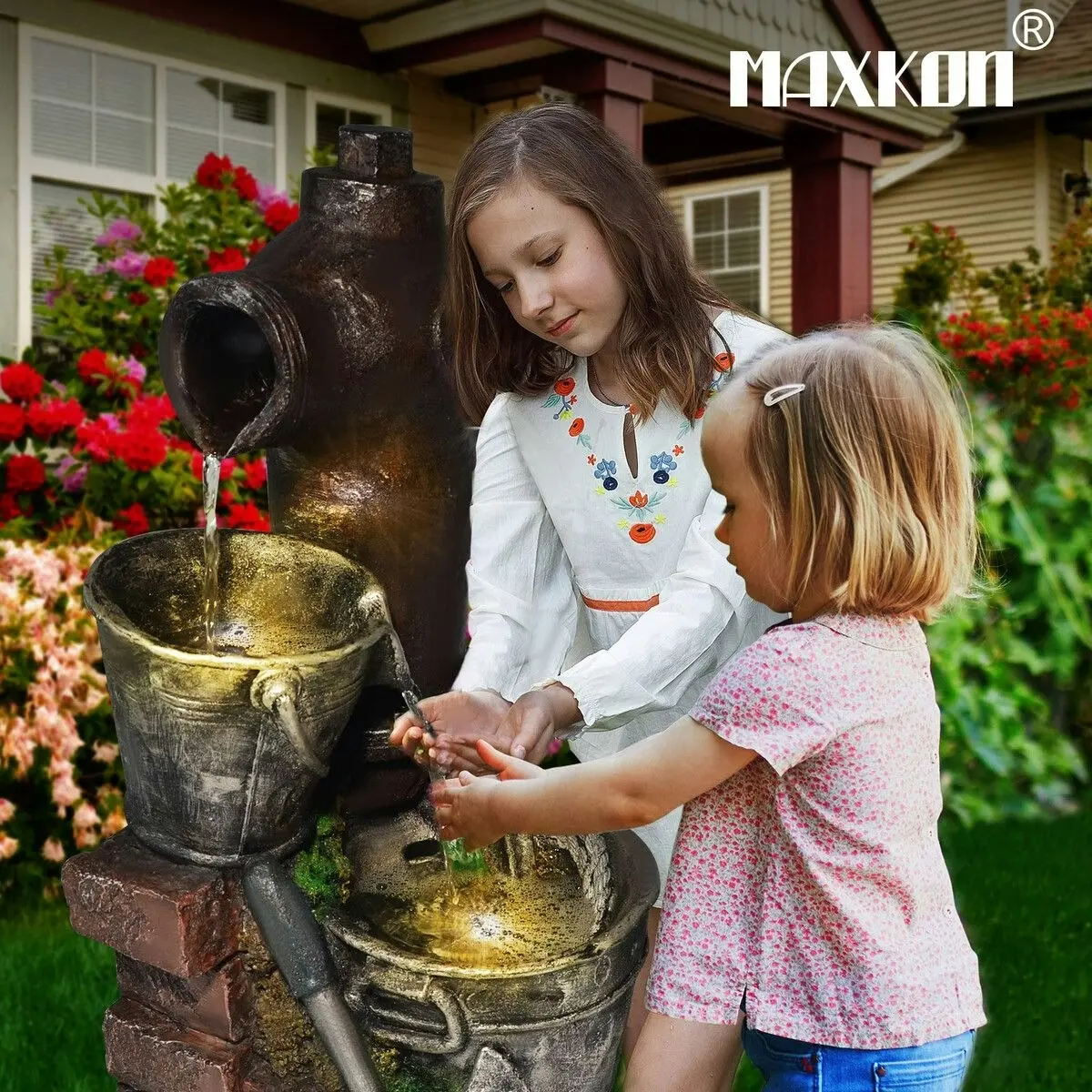 Maxkon Solar Powered Water Fountain Outdoor Garden Features Cascading Bird Bath LED Indoor Backyard Pond