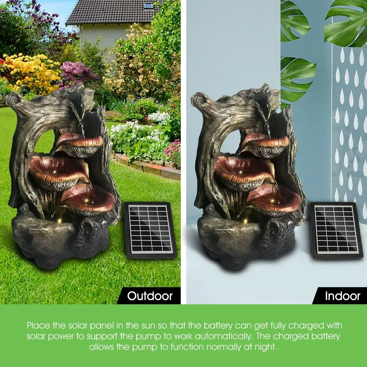 Ausway Solar Panel Powered Water Fountain Garden Features Bird Bath Backyard w/ LED Light