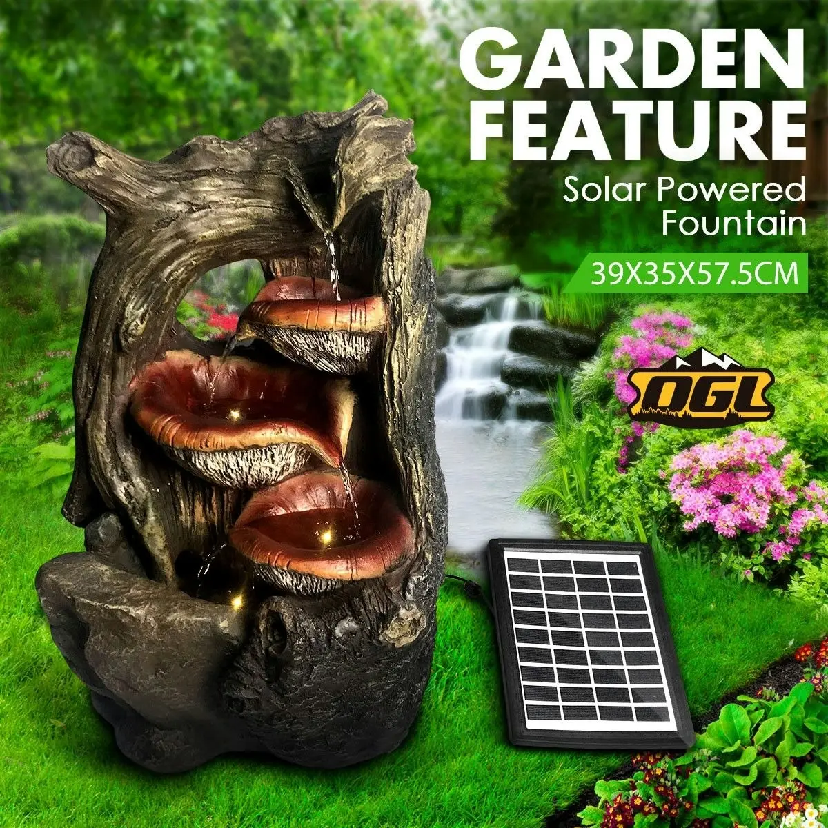 Ausway Solar Panel Powered Water Fountain Garden Features Bird Bath Backyard w/ LED Light