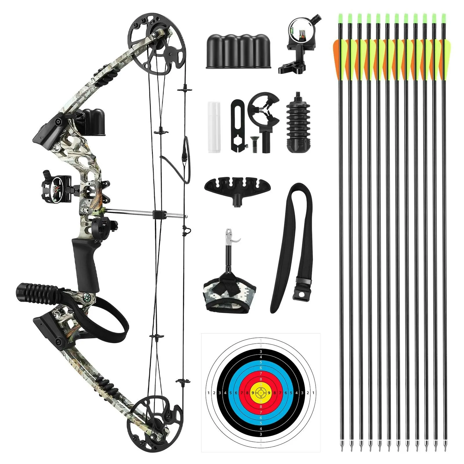 Ausway Compound Bow Arrow Set Archery Sports Hunting Target Shooting RH 20-70lbs Adjustable 320fps Speed for Beginner Master Camo