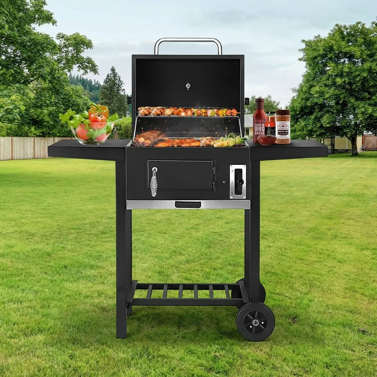 Ausway Aluminium Charcoal BBQ Grill Trolley Portable Cooking Grill Outdoor Barbecue Set for Picnic Patio Backyard Cooking