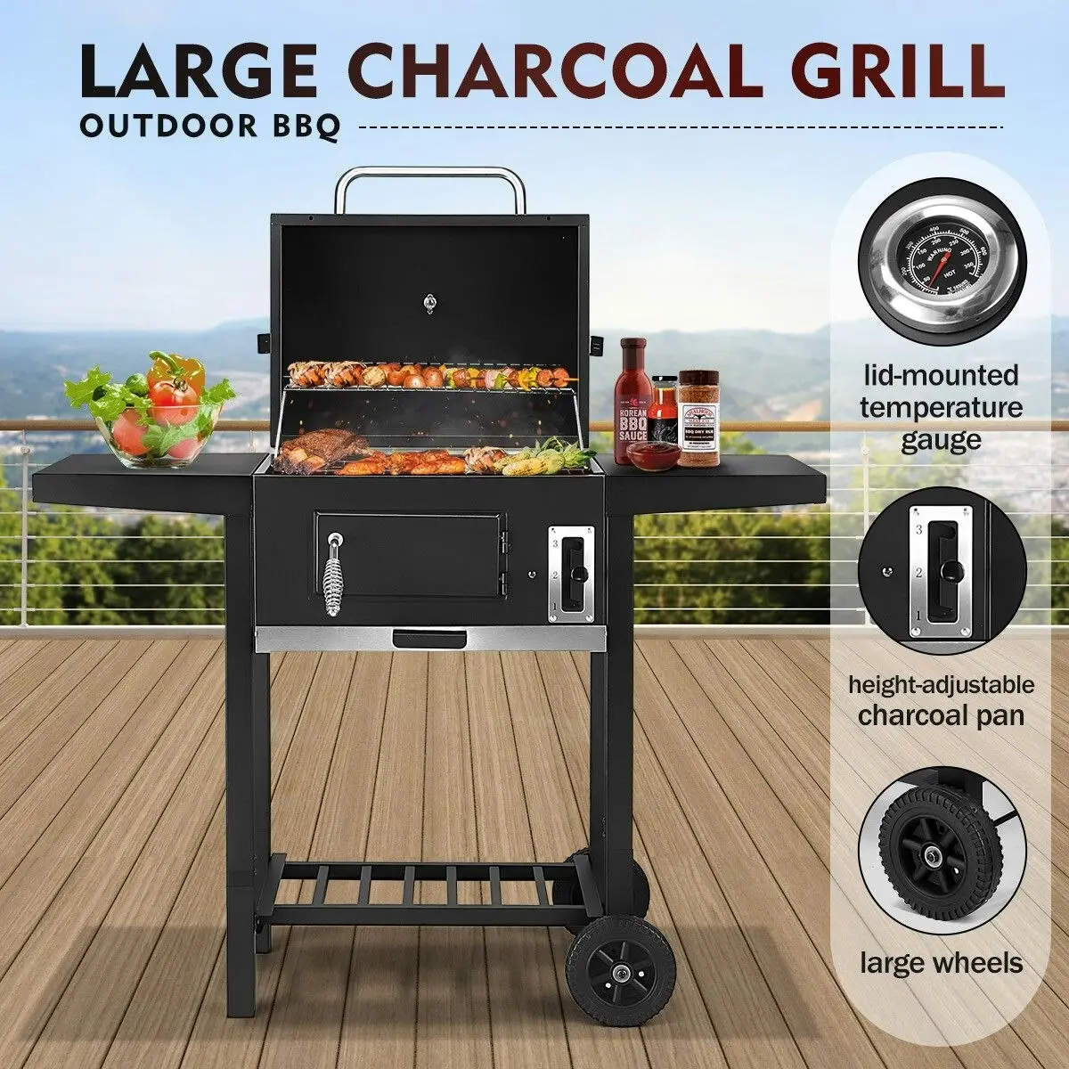 Ausway Aluminium Charcoal BBQ Grill Trolley Portable Cooking Grill Outdoor Barbecue Set for Picnic Patio Backyard Cooking