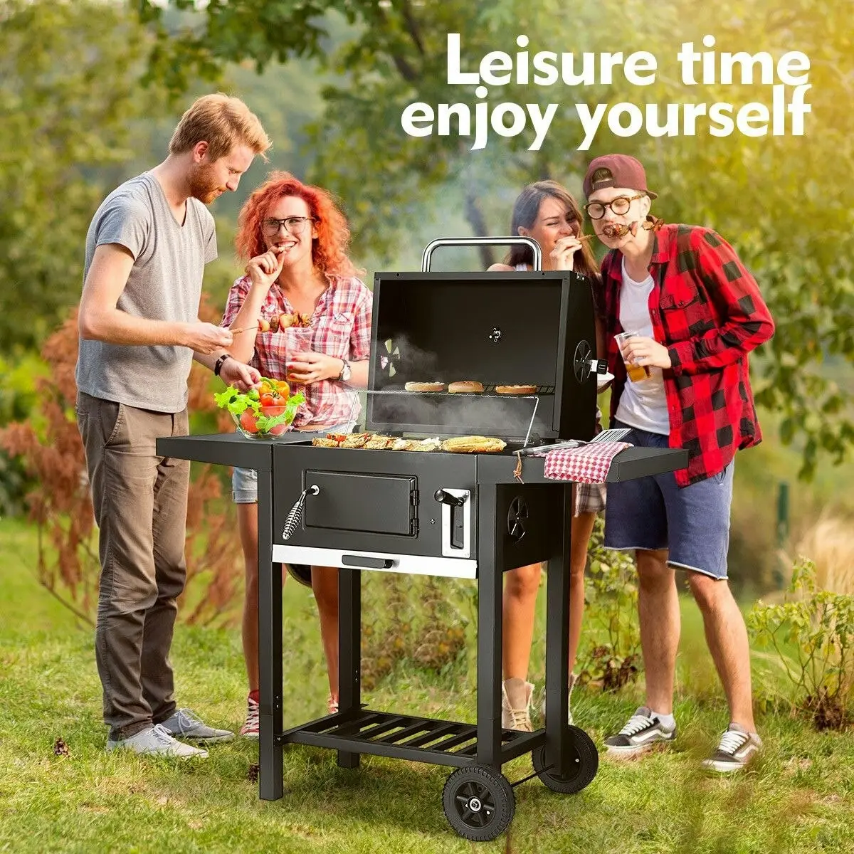 Ausway Aluminium Charcoal BBQ Grill Trolley Portable Cooking Grill Outdoor Barbecue Set for Picnic Patio Backyard Cooking