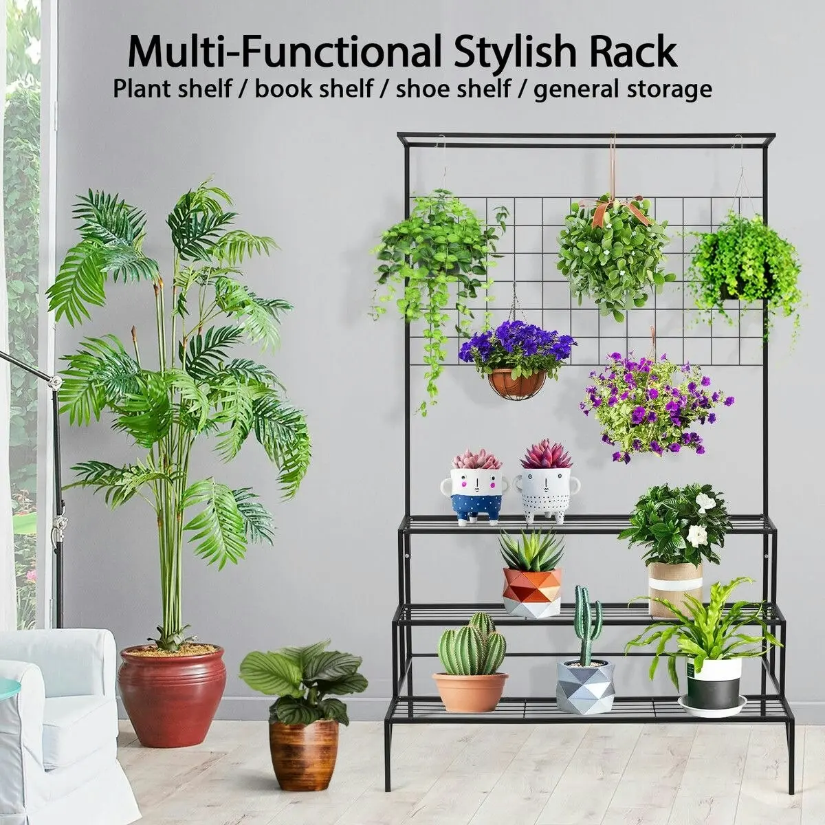 Ausway Black Plant Stand 3 Tiers Metal Hanging Pot Holder Flower Shelf Outdoor Indoor Corner Planter Garden Storage Rack Large