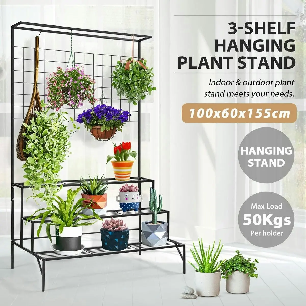 Ausway Black Plant Stand 3 Tiers Metal Hanging Pot Holder Flower Shelf Outdoor Indoor Corner Planter Garden Storage Rack Large