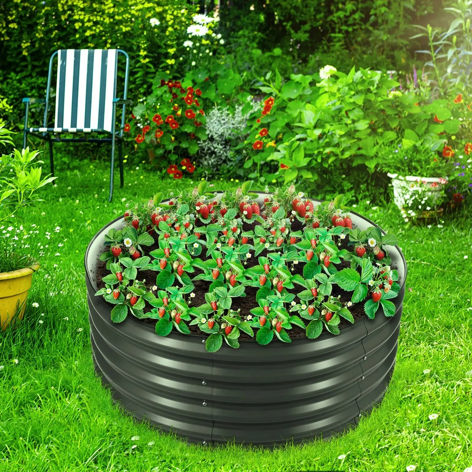 Ausway Round Raised Garden Bed Indoor Outdoor Planter Box Flower Herb Vegetable Green Holder for Balcony Window Patio Aluzinc Coated Metal