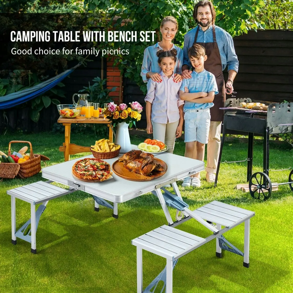 Ausway Camping Table and Chairs Set Folding Picnic Beach Dining Bench Outdoor Party Portable Aluminium 4 Seats