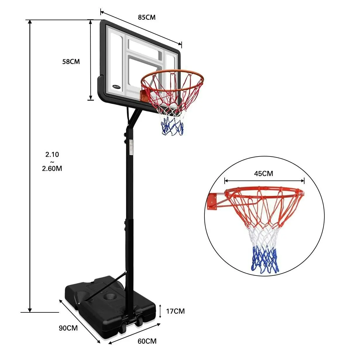 Genki  Adjustable 2.1-2.6m Portable Basketball Hoop Stand System Backboard Rim