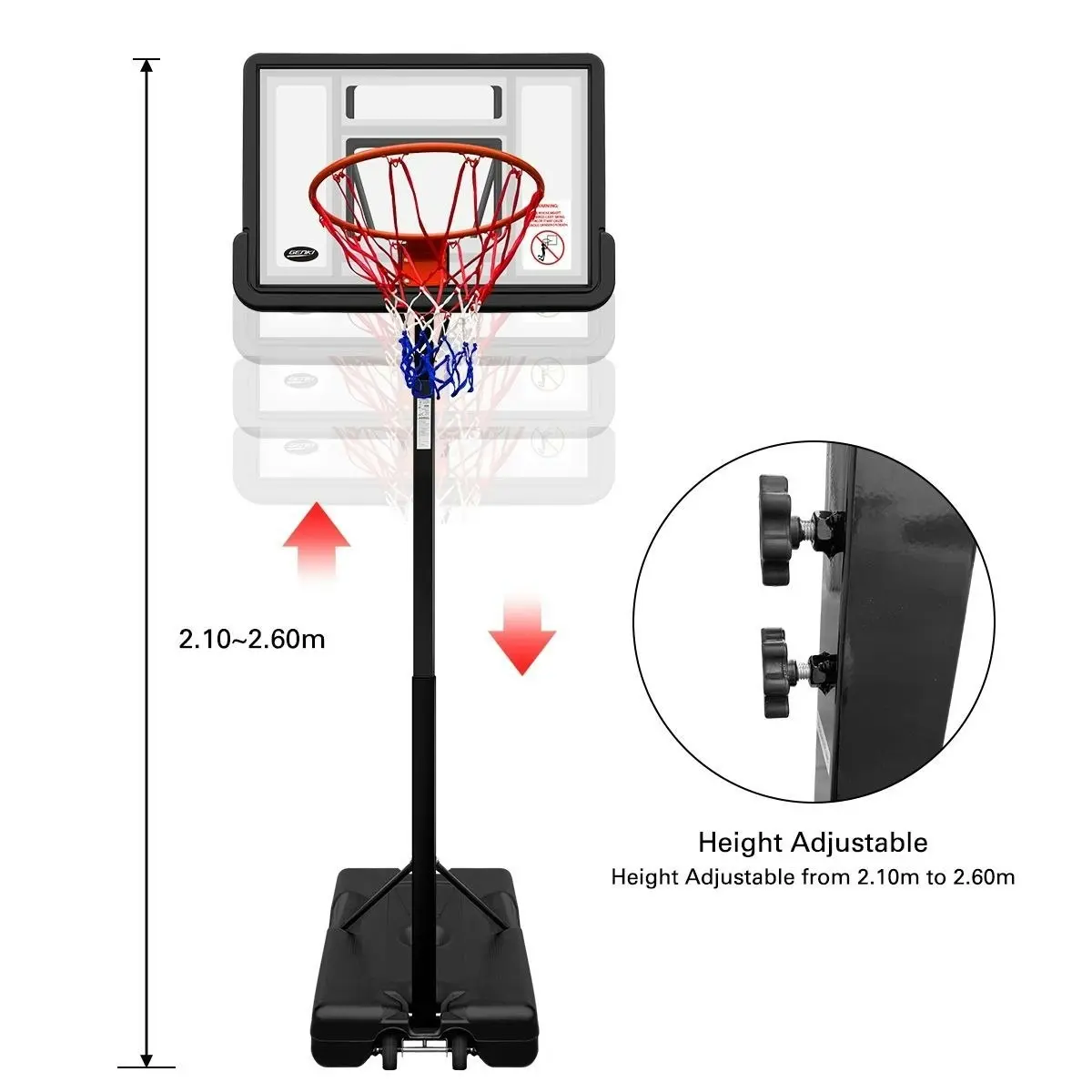 Genki  Adjustable 2.1-2.6m Portable Basketball Hoop Stand System Backboard Rim