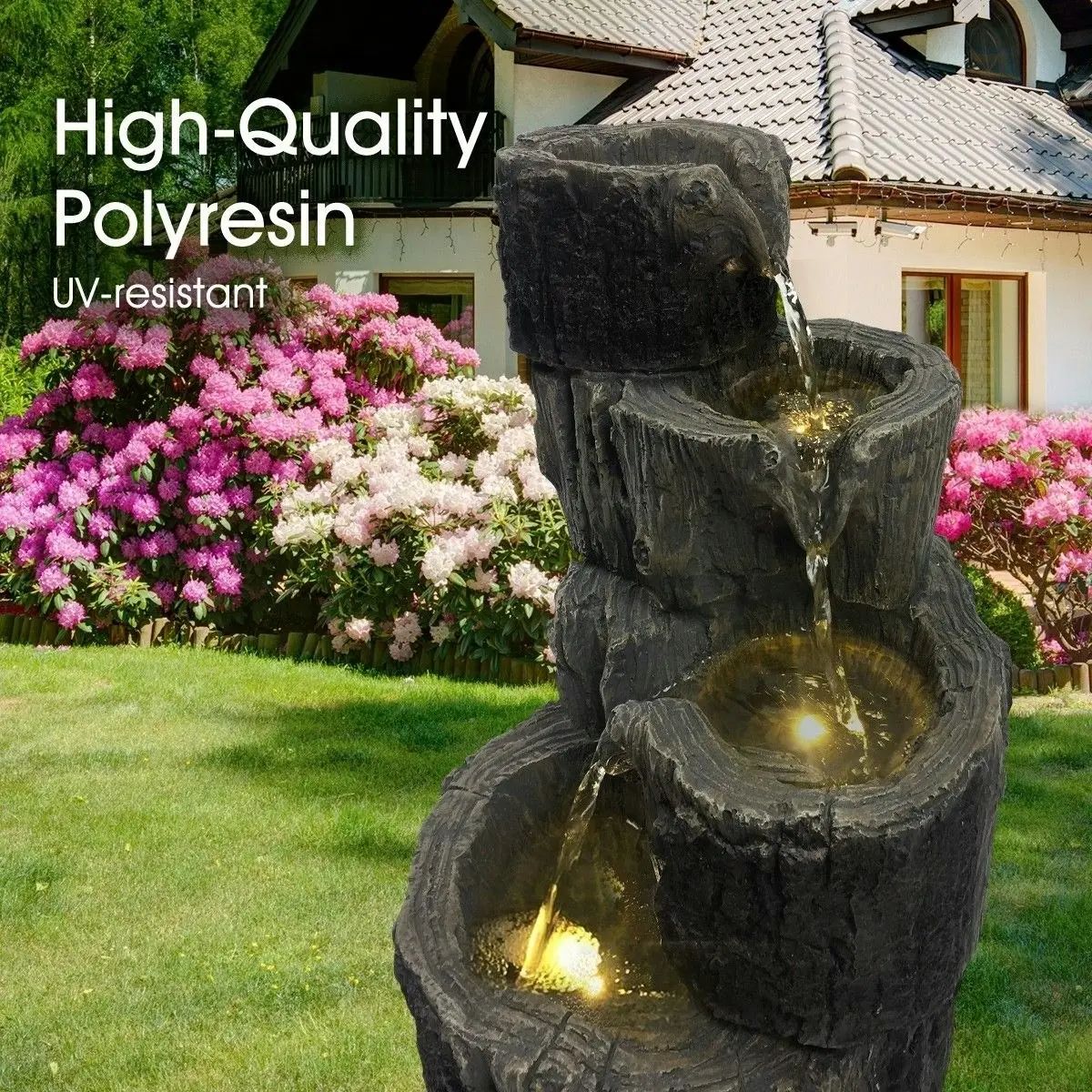 Ausway Solar Panel Powered Water Fountain Garden Features Outdoor Bird Bath 4 Tiers With Led Light