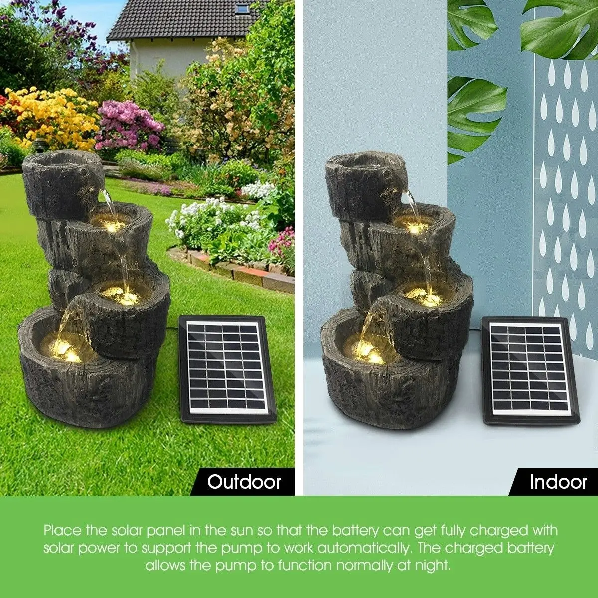 Ausway Solar Panel Powered Water Fountain Garden Features Outdoor Bird Bath 4 Tiers With Led Light