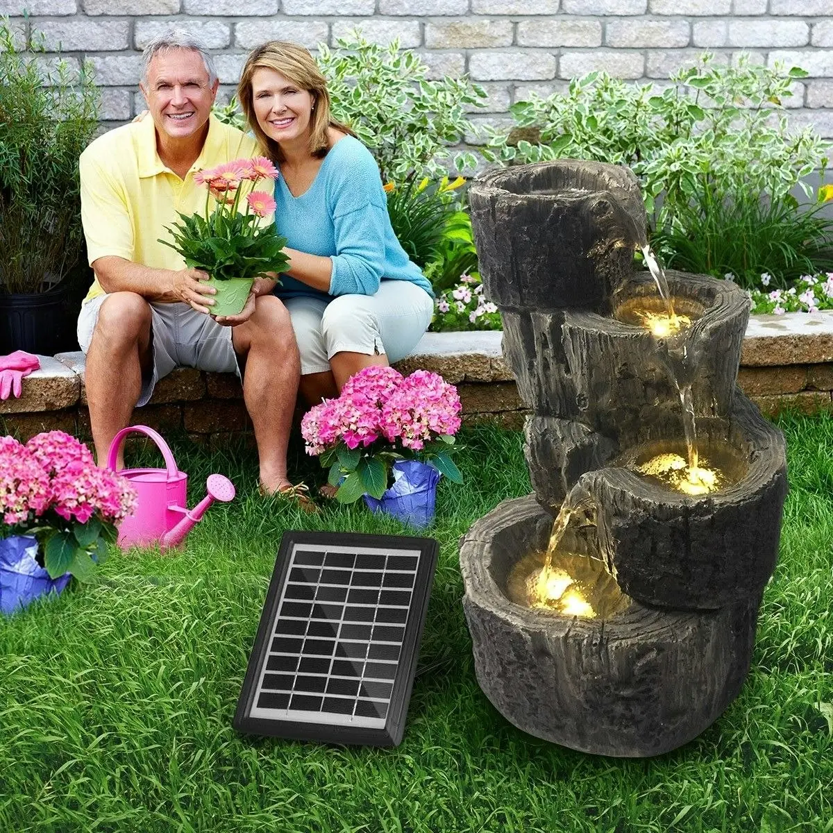 Ausway Solar Panel Powered Water Fountain Garden Features Outdoor Bird Bath 4 Tiers With Led Light