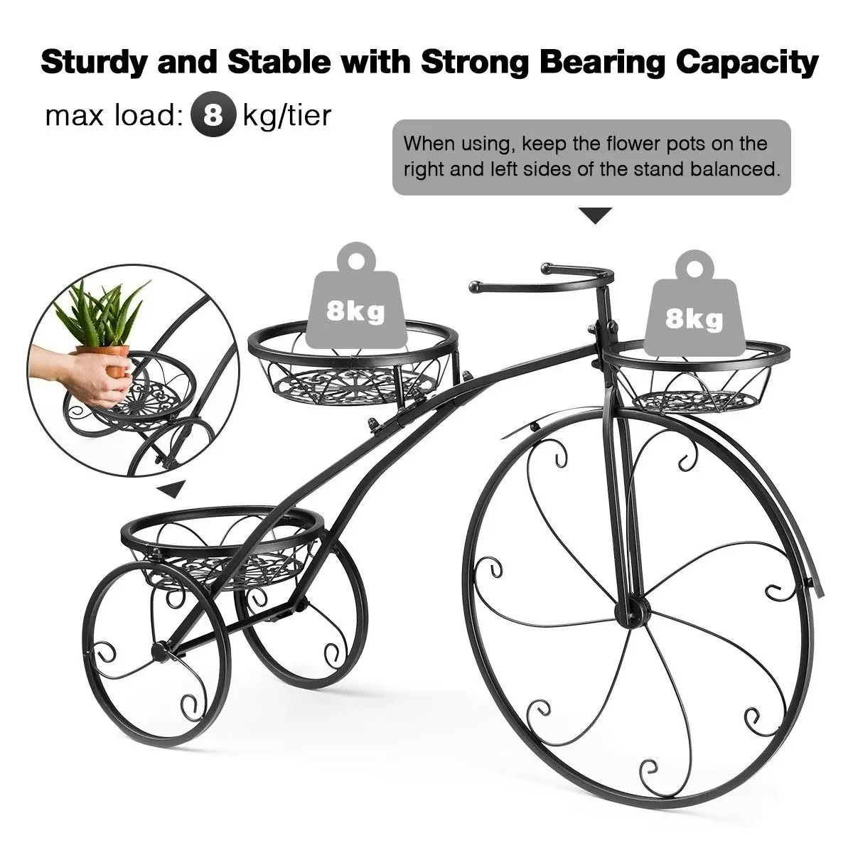 Ausway 3 Tier Bicycle Shape Plant Stand Metal Flower Plant Pot Stand Display Rack Black