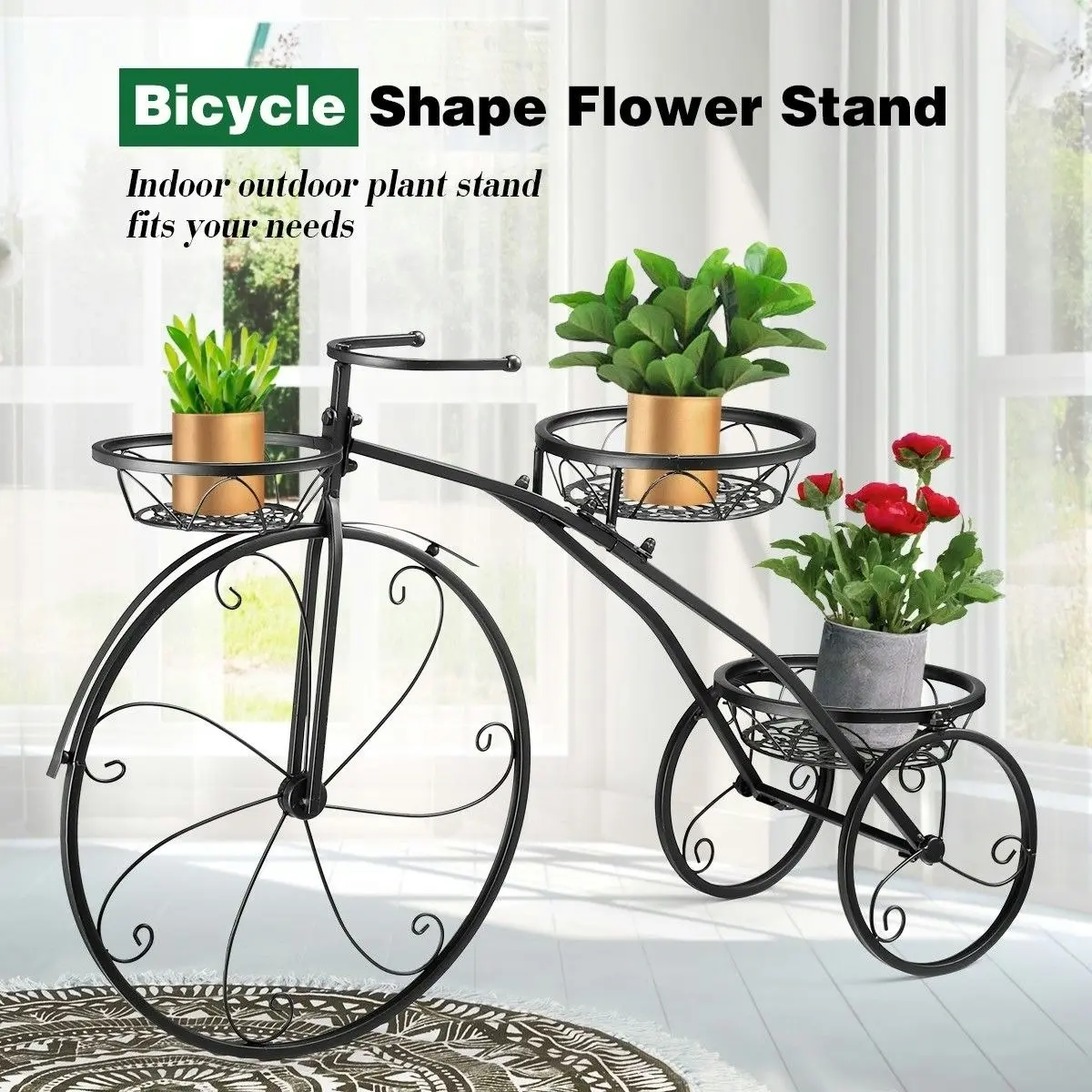 Ausway 3 Tier Bicycle Shape Plant Stand Metal Flower Plant Pot Stand Display Rack Black