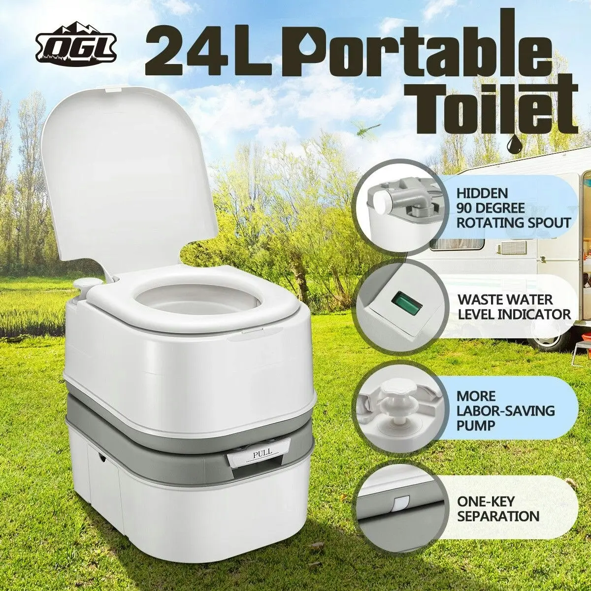 Ausway 24L Portable Toilet Camping Travel Mobile Porta Potty White and Grey 44.5x35x44cm