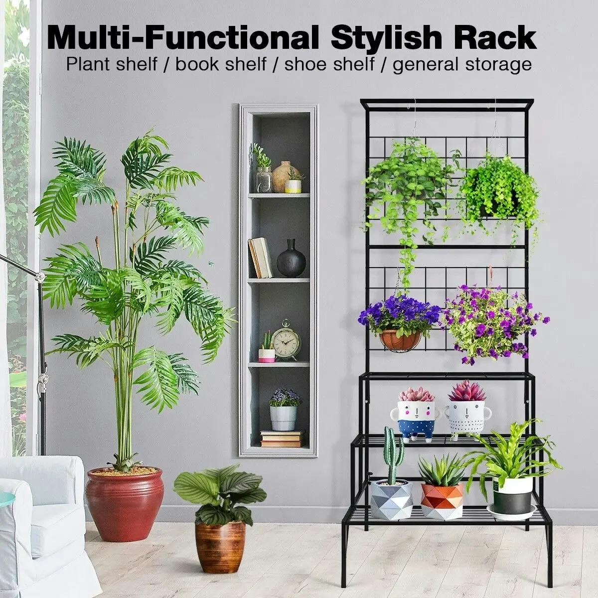 Ausway 3-Tier Hanging Plant Stand Rack Metal Flower Pot Display Shelf Garden Planter Black